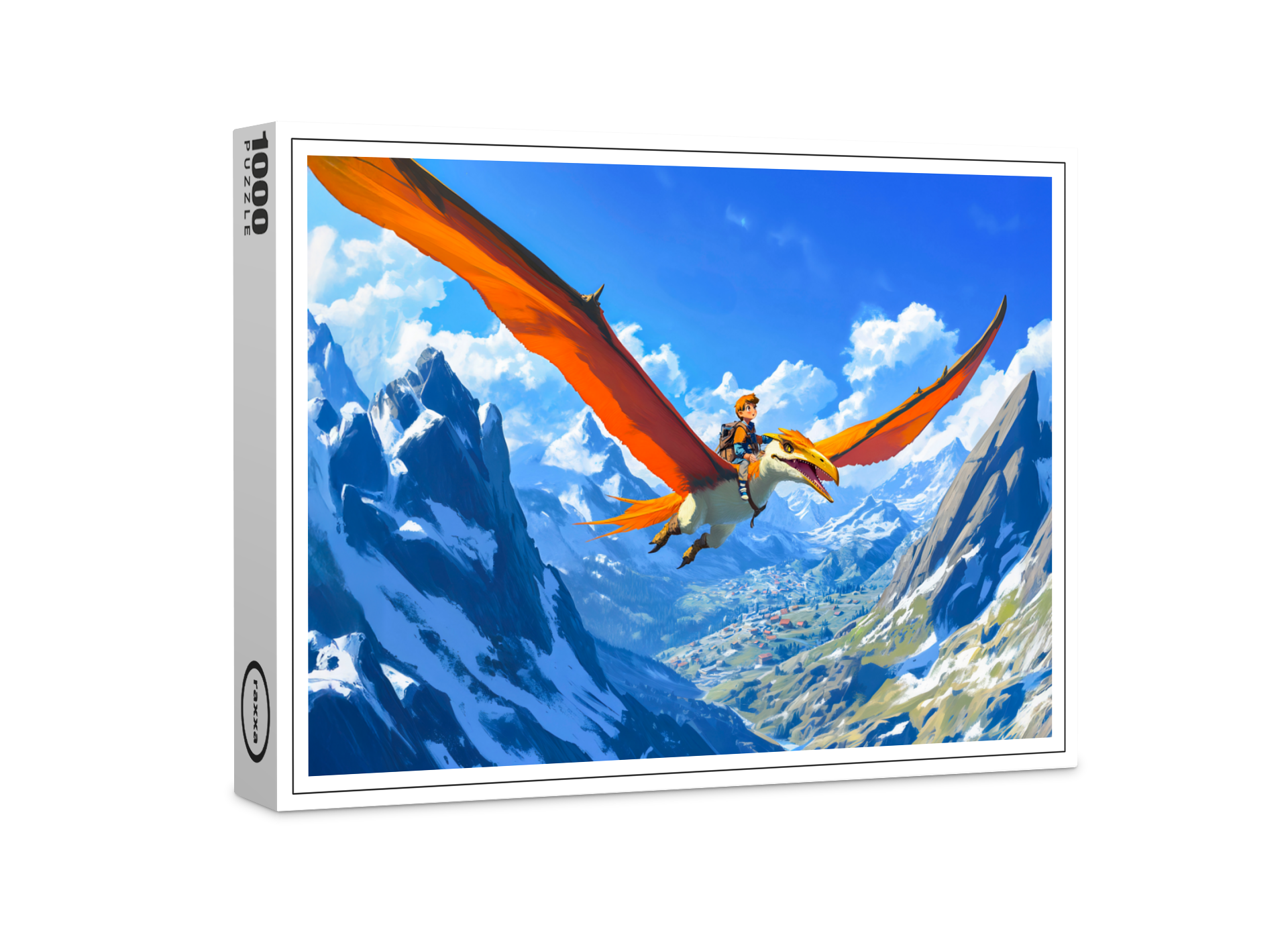 raxxa Premium-Puzzle: Anime boy flying Pteranodon dinosaur Alps