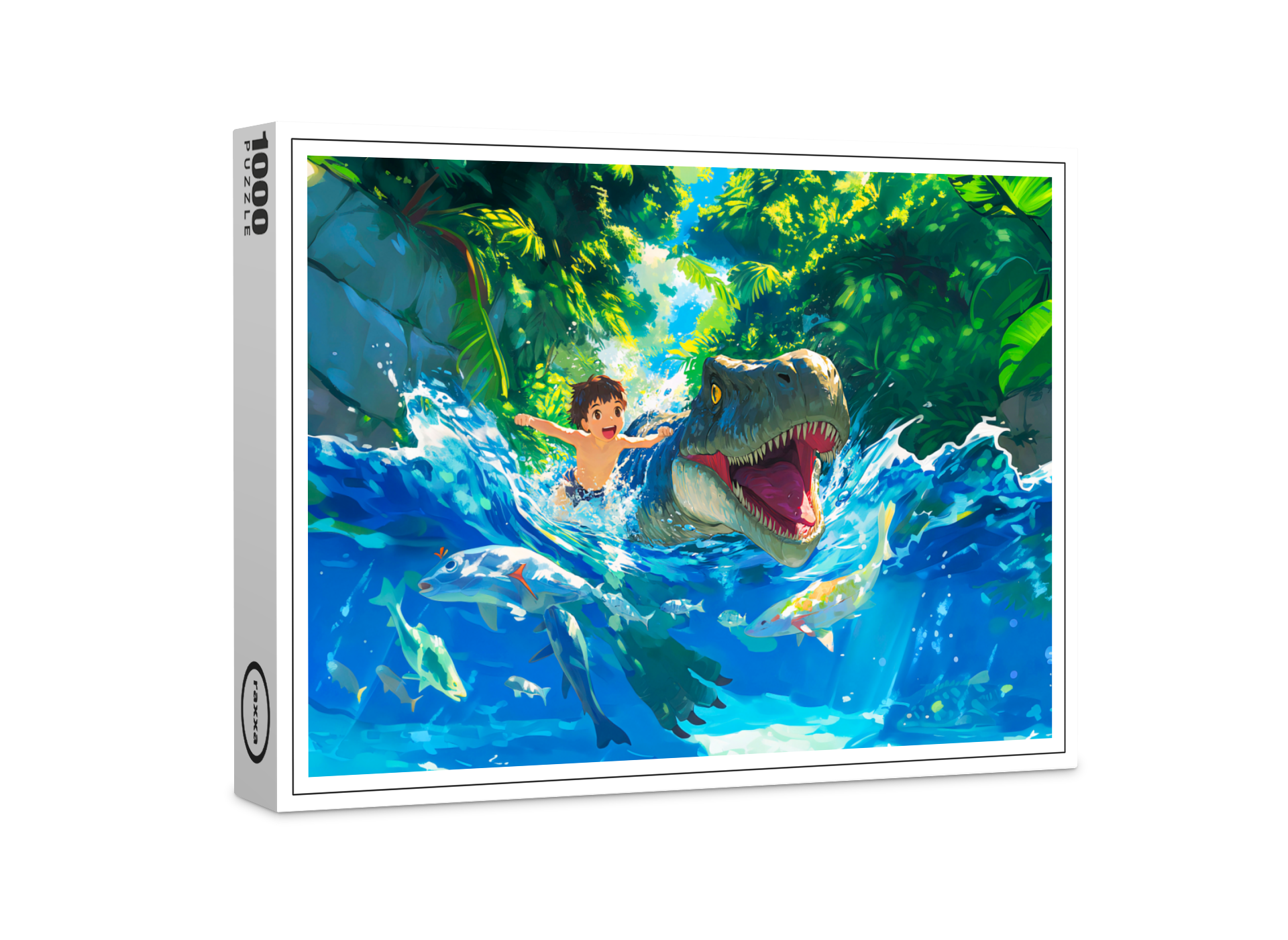 raxxa Premium-Puzzle: Anime boy swimming with dinosaur in sea