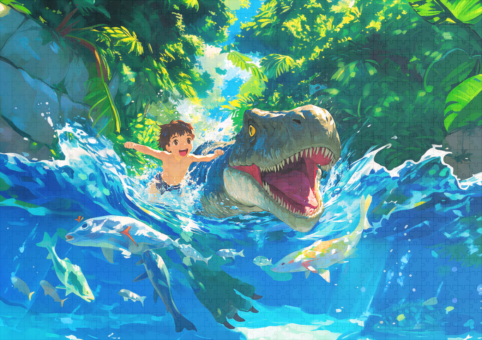 raxxa Premium-Puzzle: Anime boy swimming with dinosaur in sea - Imagen 2