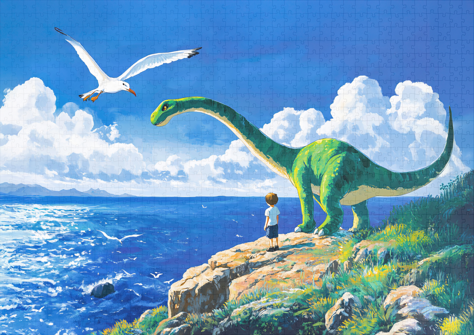 raxxa Premium-Puzzle: Anime boy and Brachiosaurus overlooking sea – Bild 2