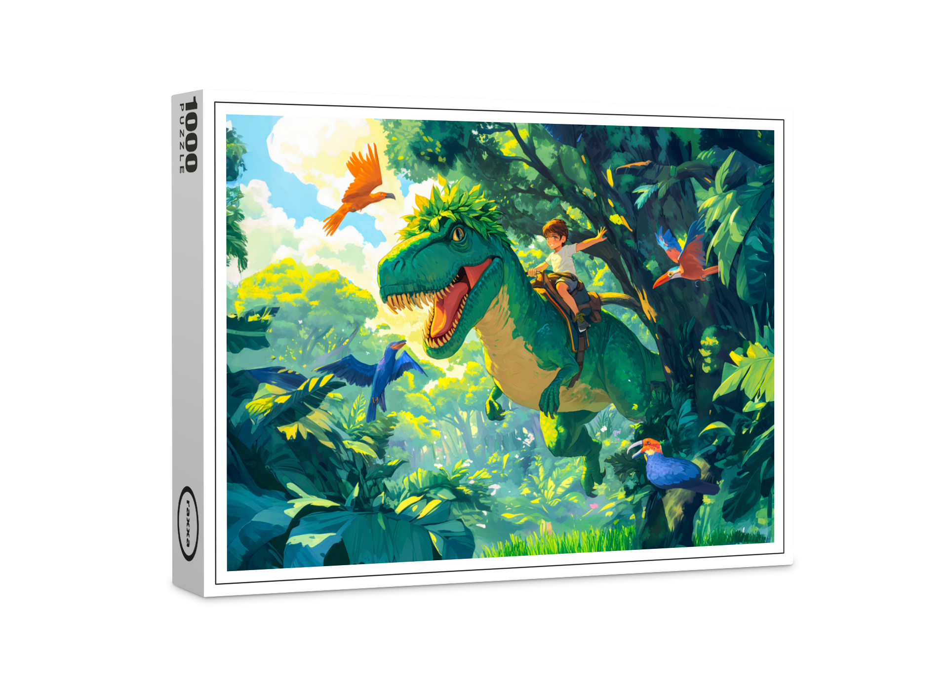 raxxa Premium-Puzzle: Anime boy riding T-Rex in jungle and birds
