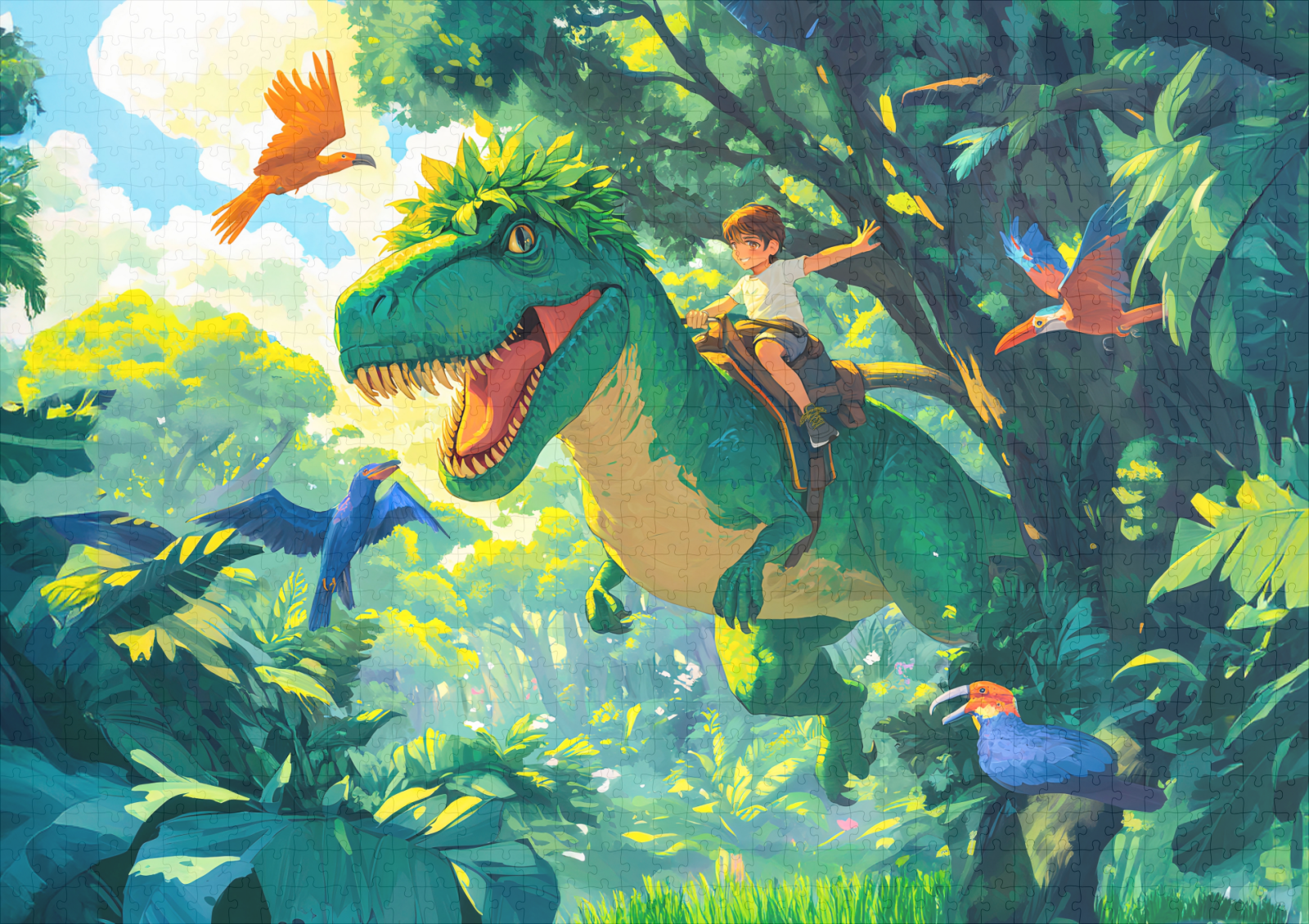 raxxa Premium-Puzzle: Anime boy riding T-Rex in jungle and birds – Bild 2