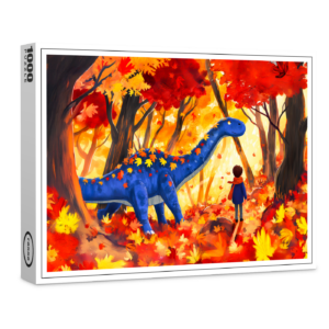 raxxa Premium-Puzzle: Anime boy walking dinosaur autumn forest