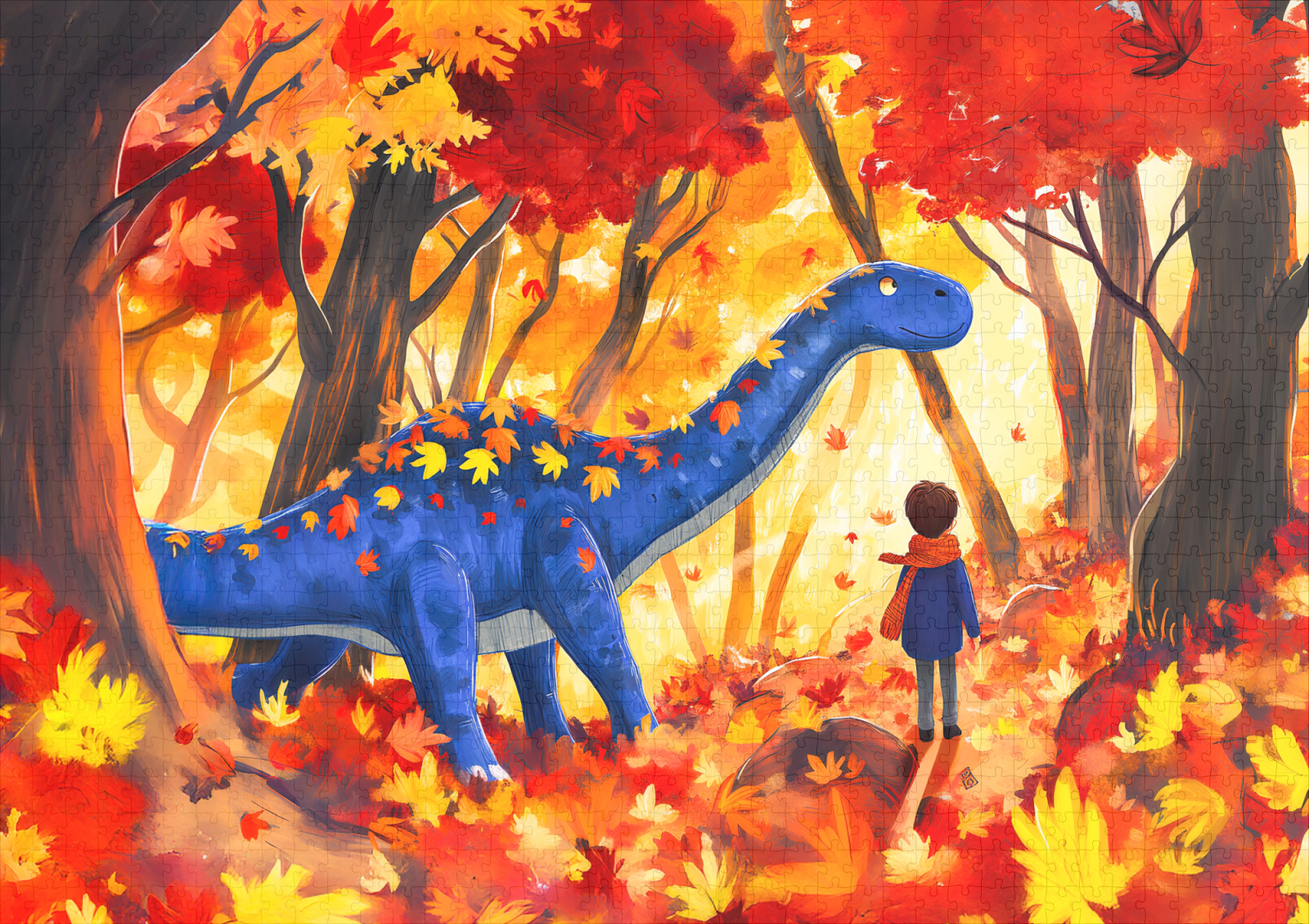 raxxa Premium-Puzzle: Anime boy walking dinosaur autumn forest – Bild 2