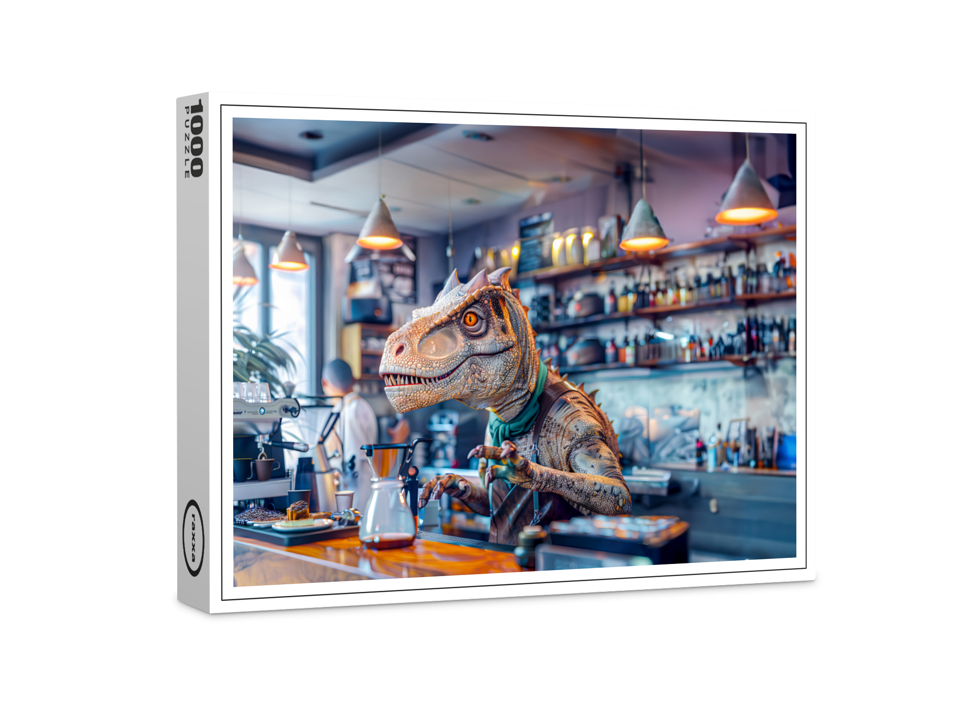 raxxa Premium-Puzzle: Dinosaur Barista in a Modern Café