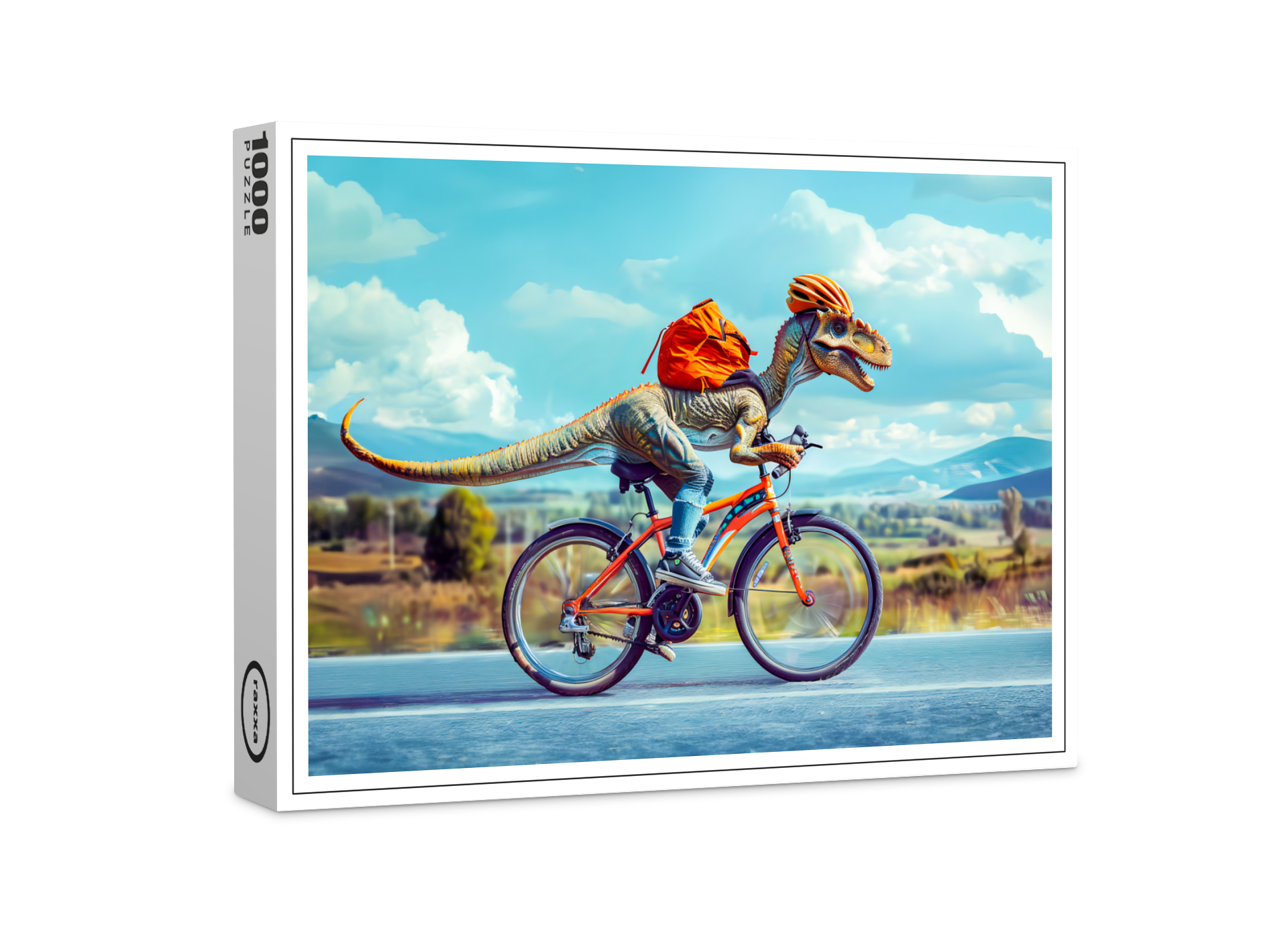 raxxa Premium-Puzzle: Dinosaur Cycling Through Countryside