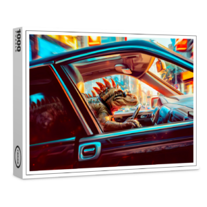 raxxa Premium-Puzzle: Urban Dino Driving Through Neon City
