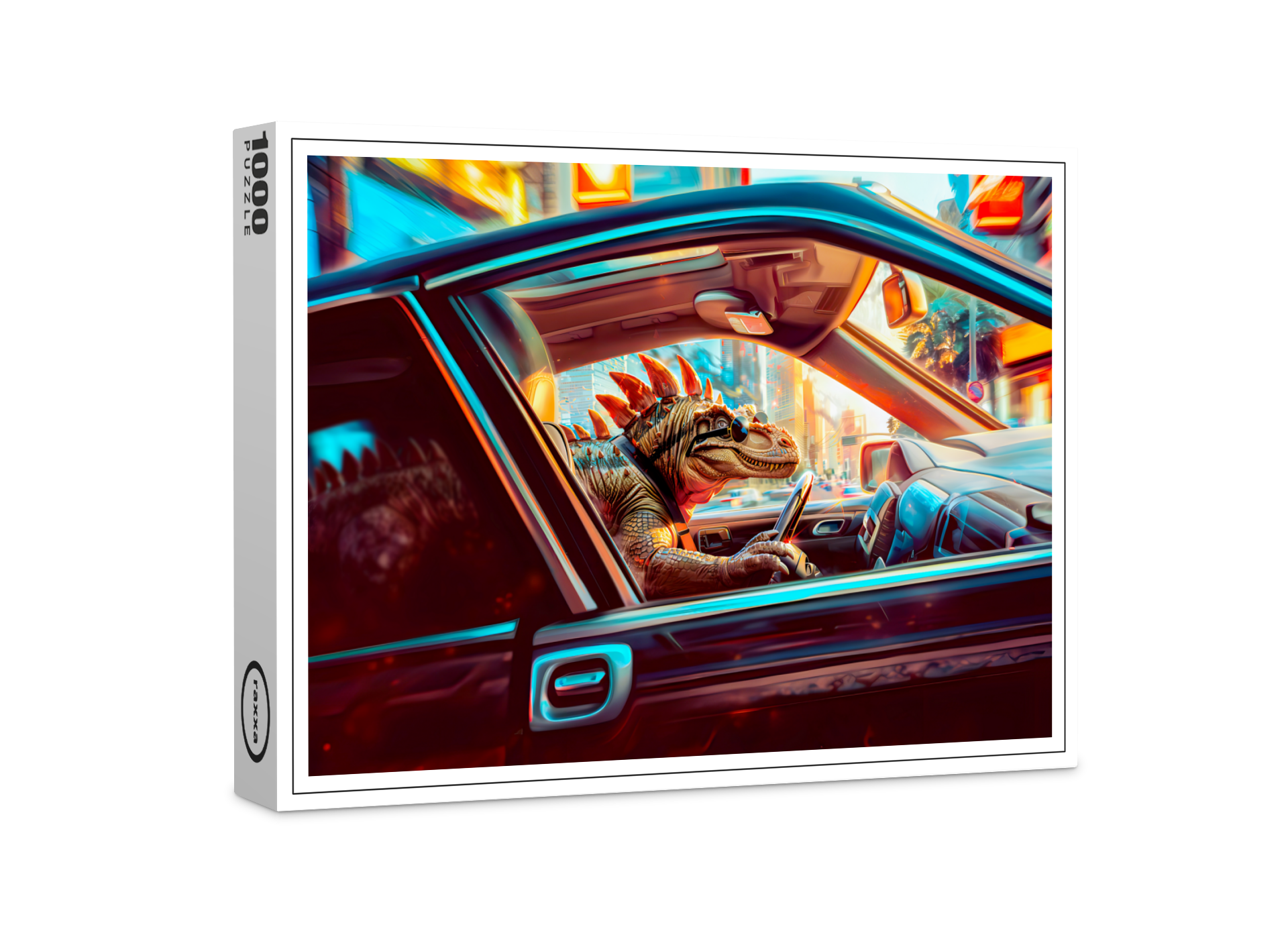 raxxa Premium-Puzzle: Urban Dino Driving Through Neon City
