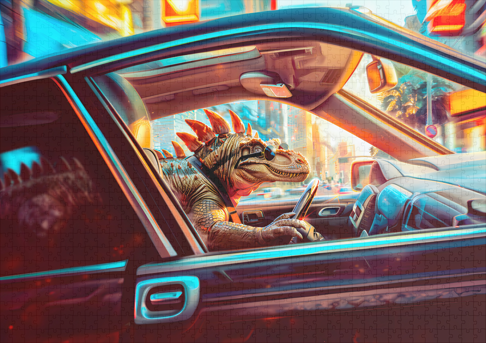 raxxa Premium-Puzzle: Urban Dino Driving Through Neon City - Imagen 2
