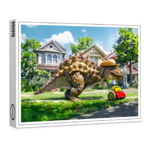 raxxa Premium-Puzzle: Dinosaur Mowing Lawn in Suburbia