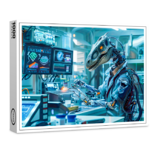 raxxa Premium-Puzzle: Cyborg Dinosaur at a High-Tech Workstation