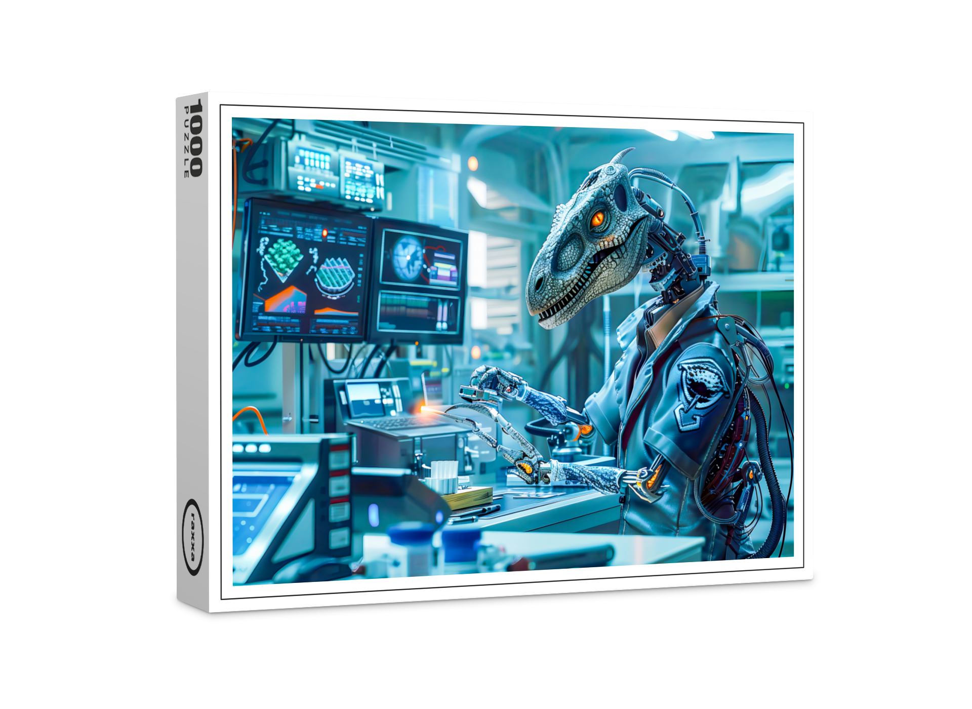 raxxa Premium-Puzzle: Cyborg Dinosaur at a High-Tech Workstation
