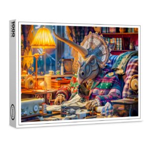 raxxa Premium-Puzzle: Knitting Triceratops in a Cozy Armchair