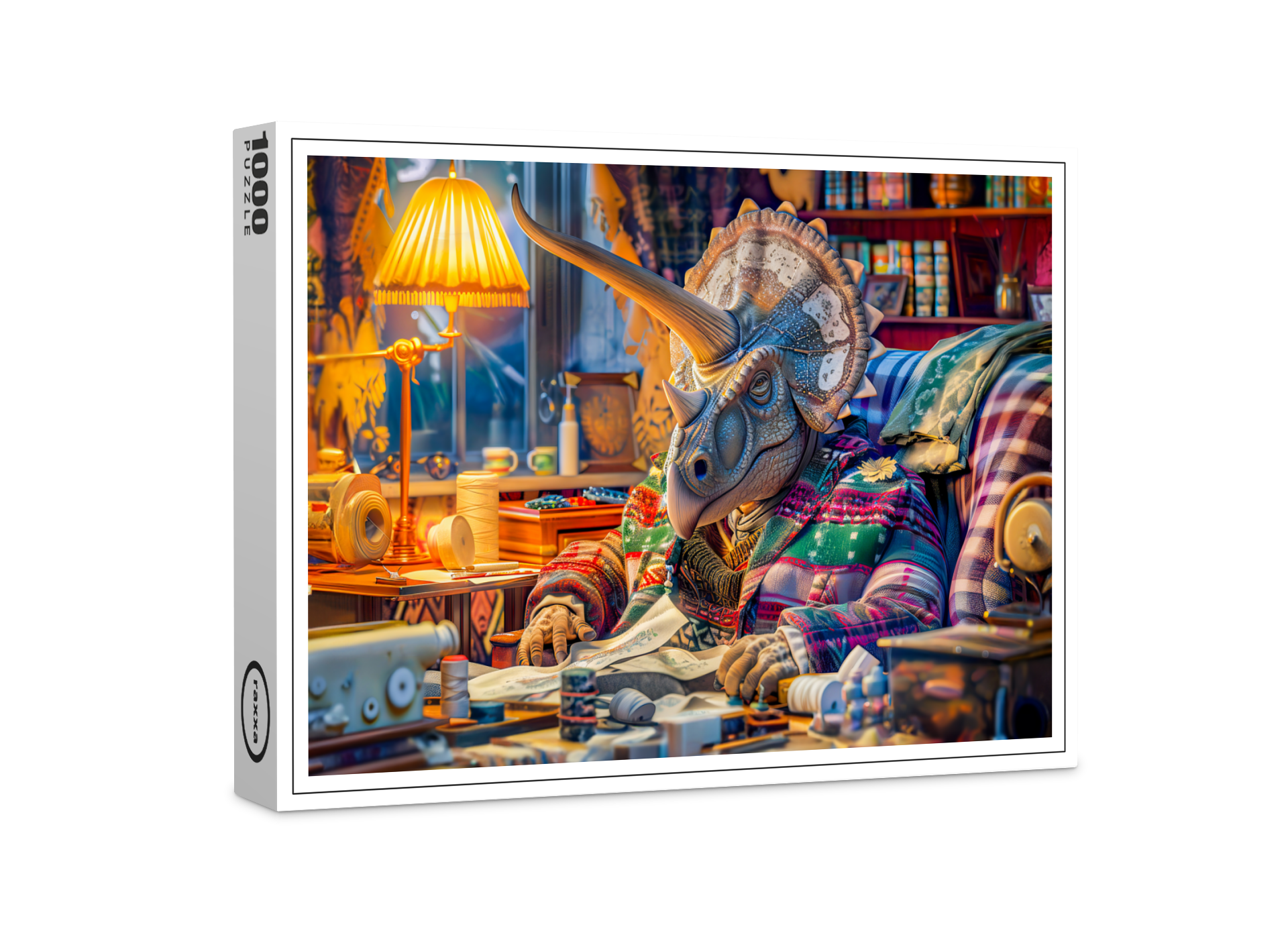 raxxa Premium-Puzzle: Knitting Triceratops in a Cozy Armchair