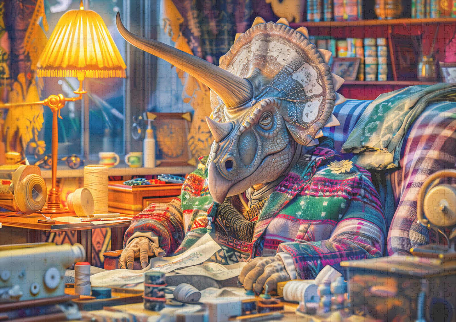 raxxa Premium-Puzzle: Knitting Triceratops in a Cozy Armchair - immagine 2