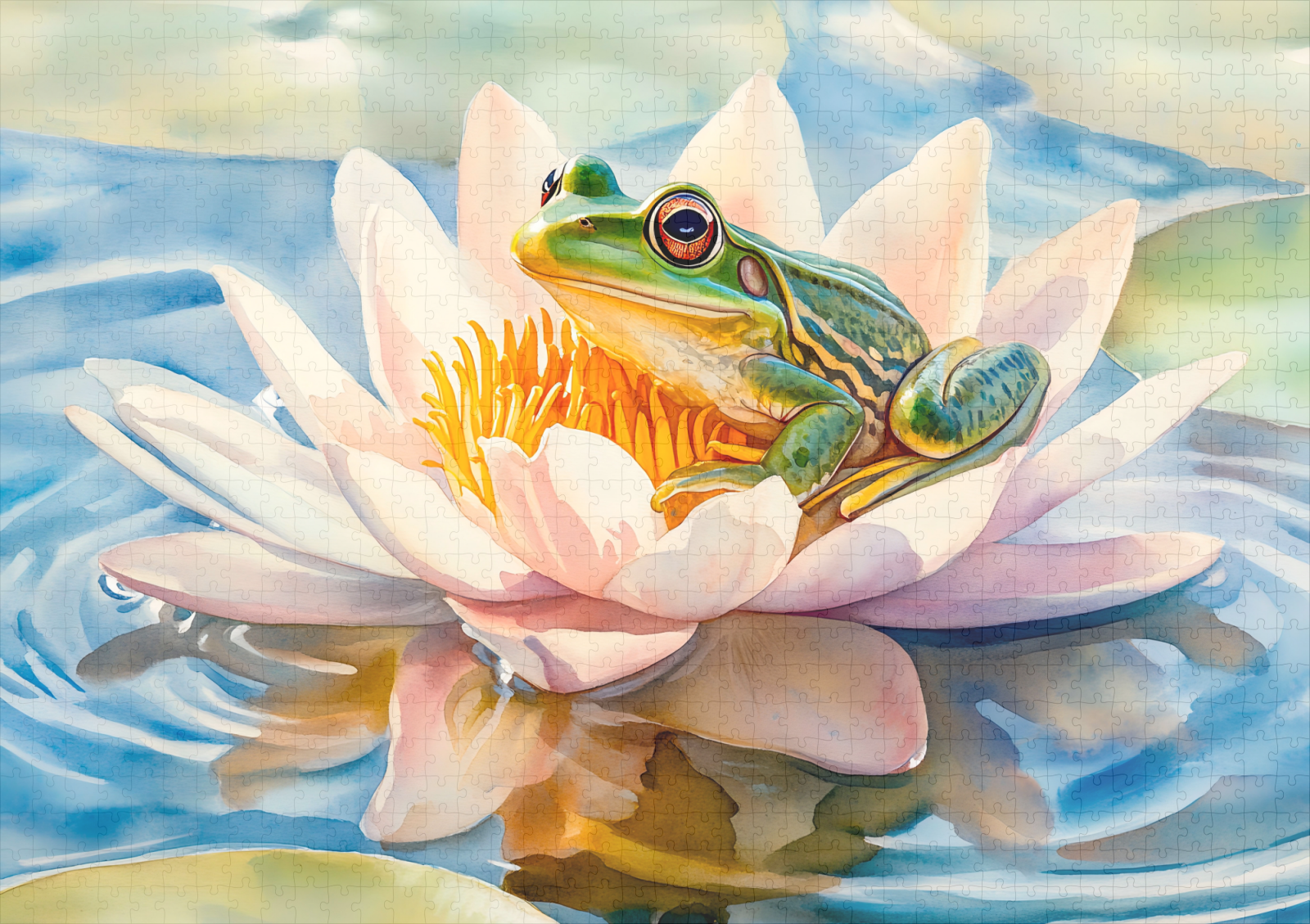 raxxa Premium-Puzzle: Frog in water lily blossom watercolor painting – Bild 2