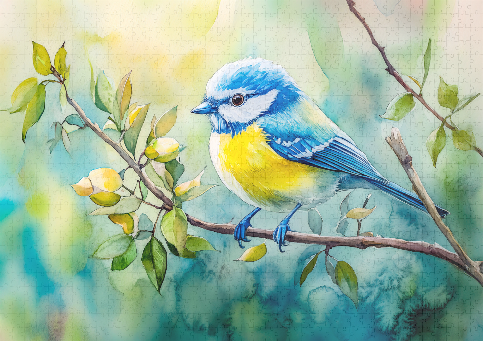 raxxa Premium-Puzzle: Blue tit on a branch watercolor painting - immagine 2