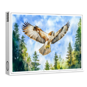 raxxa Premium-Puzzle: Buzzard flying over a pine forest watercolor painting