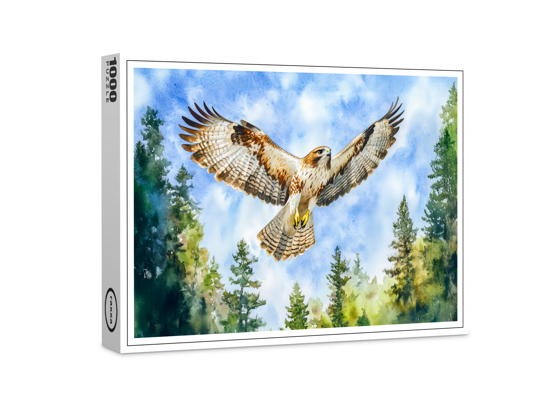 raxxa Premium-Puzzle: Buzzard flying over a pine forest watercolor painting