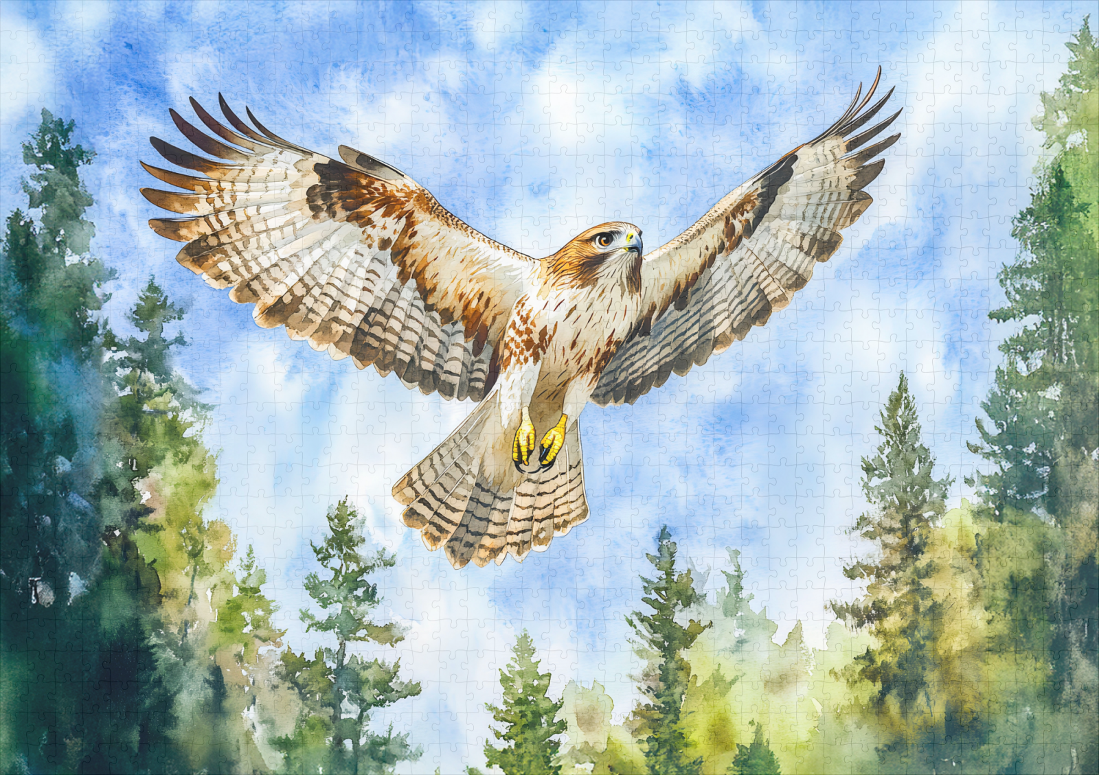 raxxa Premium-Puzzle: Buzzard flying over a pine forest watercolor painting - immagine 2