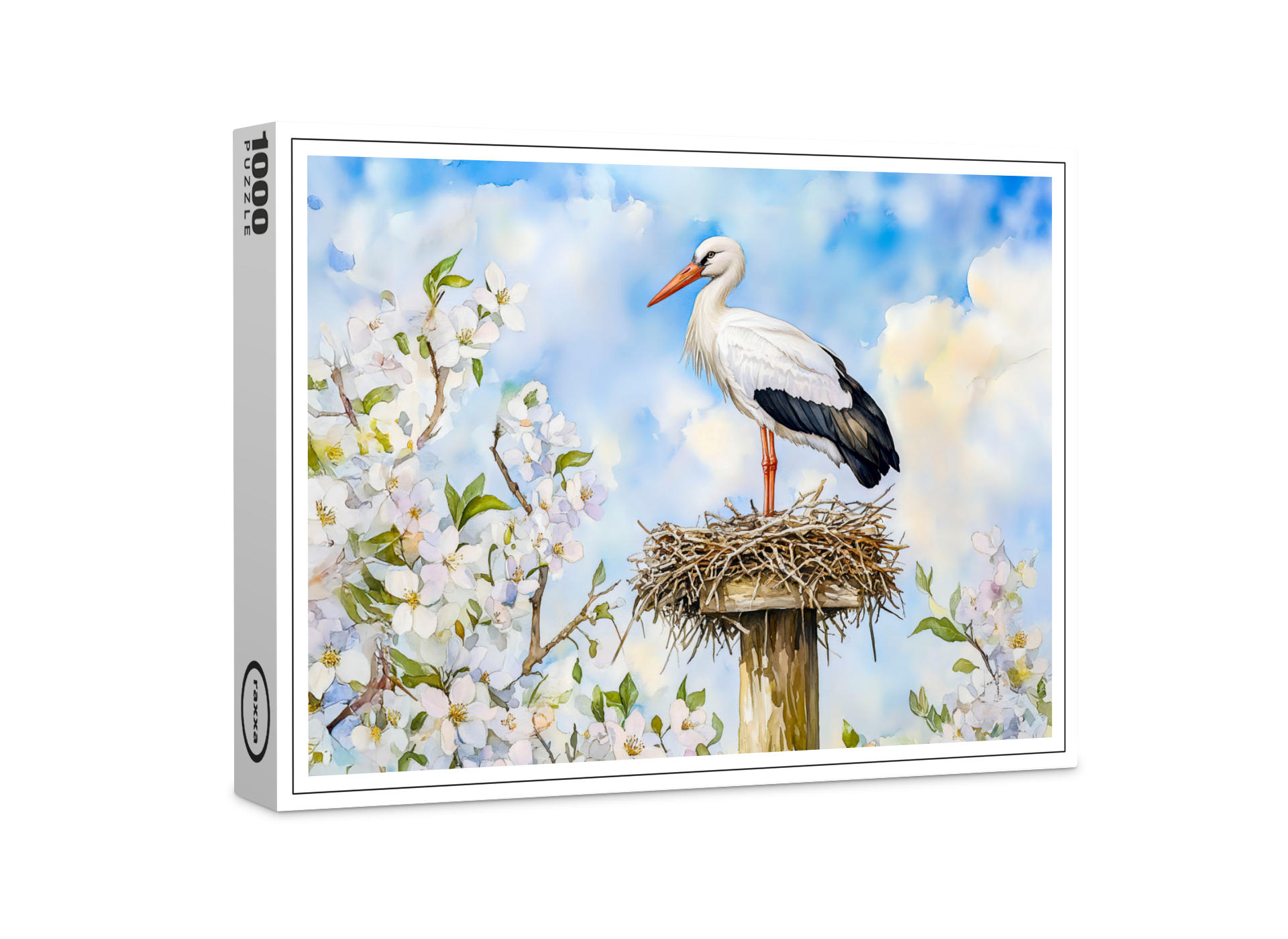 raxxa Premium-Puzzle: White stork on a nest in spring watercolor painting
