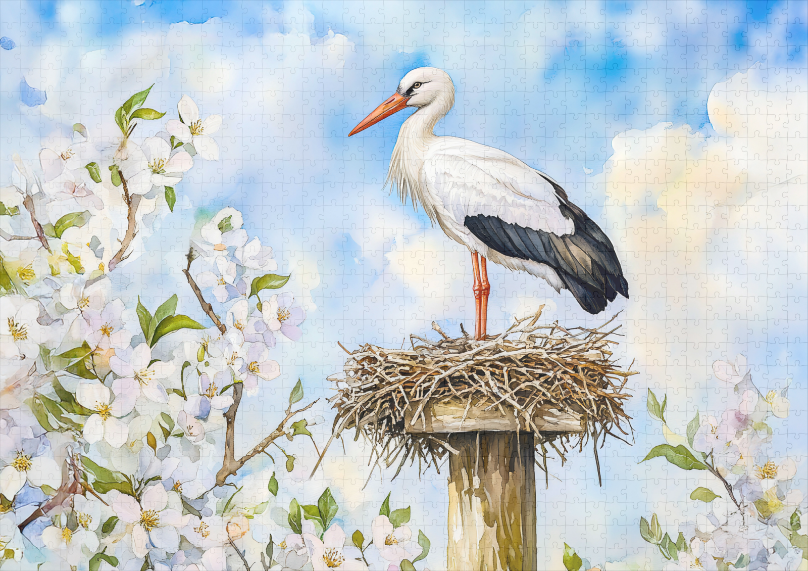raxxa Premium-Puzzle: White stork on a nest in spring watercolor painting – Image 2