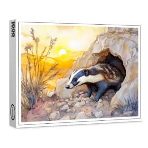 raxxa Premium-Puzzle: Badger emerging from a burrow at sunrise watercolor painting