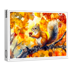 raxxa Premium-Puzzle: Squirrel eating a nut in a colorful autumn tree watercolor painting