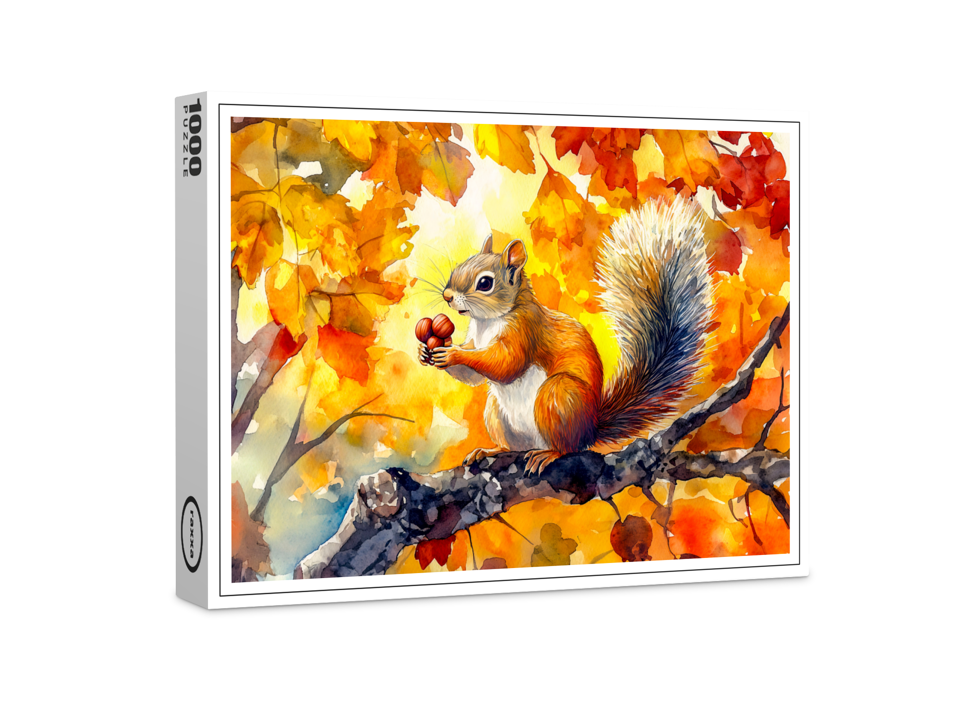 raxxa Premium-Puzzle: Squirrel eating a nut in a colorful autumn tree watercolor painting