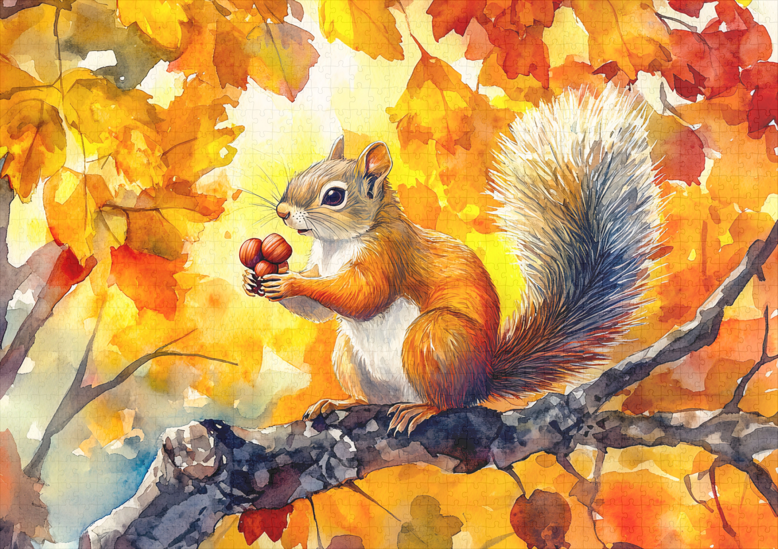 raxxa Premium-Puzzle: Squirrel eating a nut in a colorful autumn tree watercolor painting - immagine 2