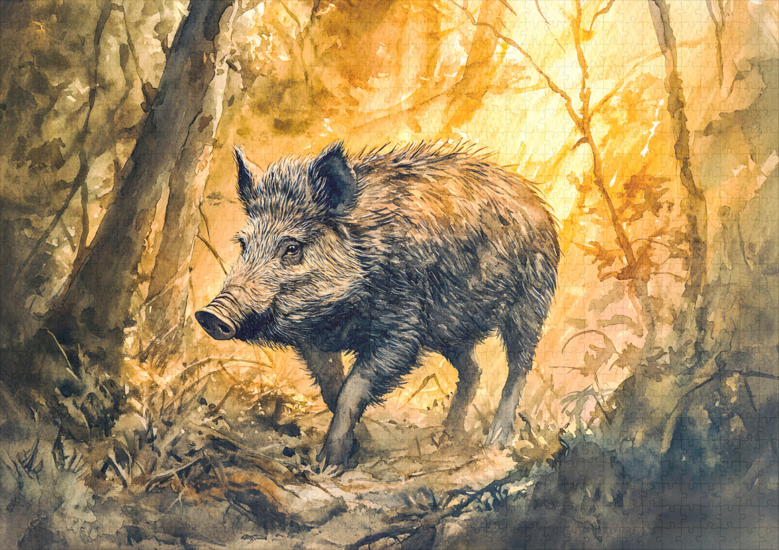 raxxa Premium-Puzzle: Wild boar in forest watercolor painting - immagine 2
