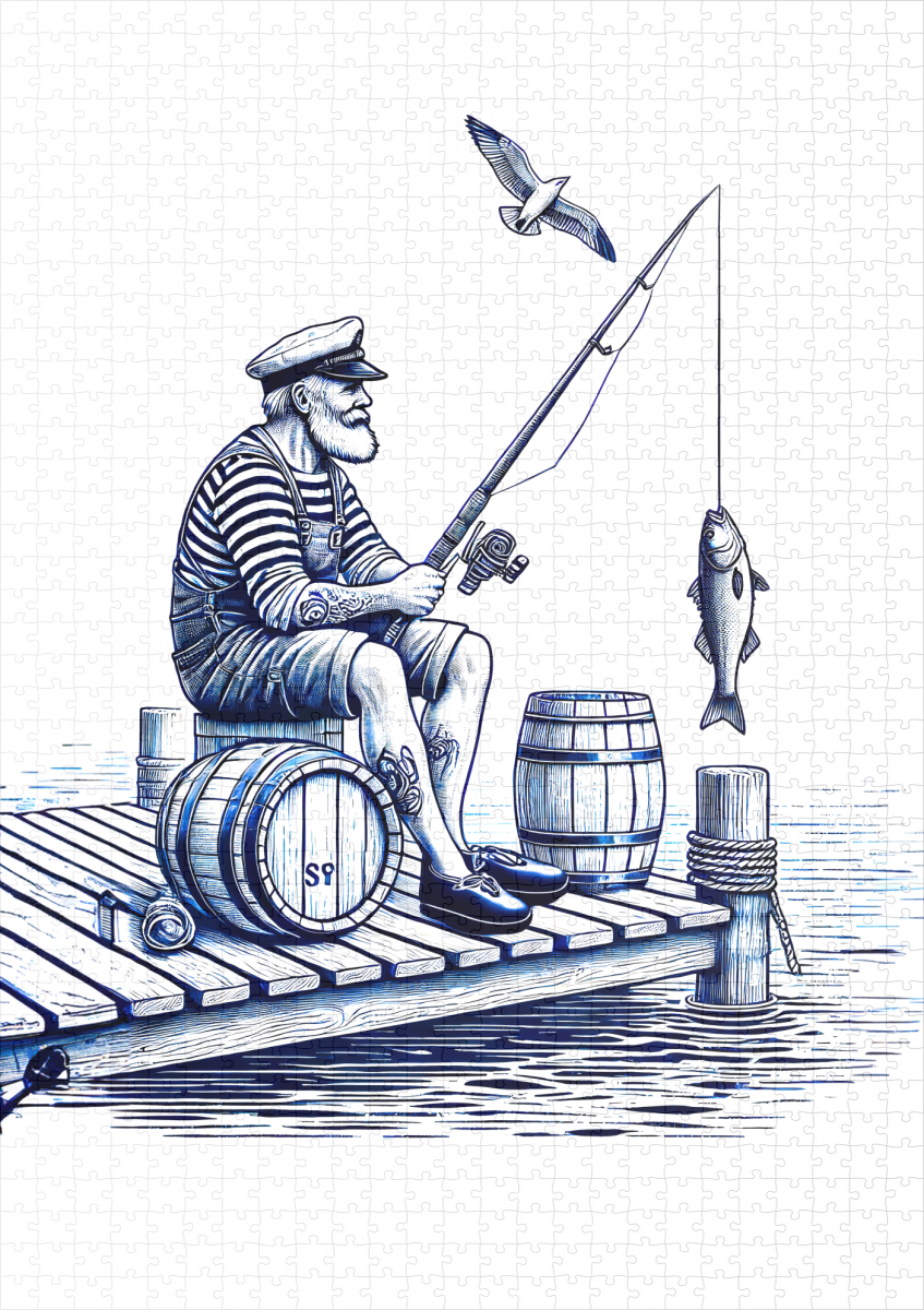 raxxa Premium-Puzzle: Vintage Illustration of a Sailor Sitting on a Pier Fishing – Bild 2