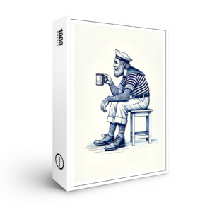 raxxa Premium-Puzzle: Vintage Illustration of a Sailor Drinking Coffee from a Tin Mug While Sitting on a Stool