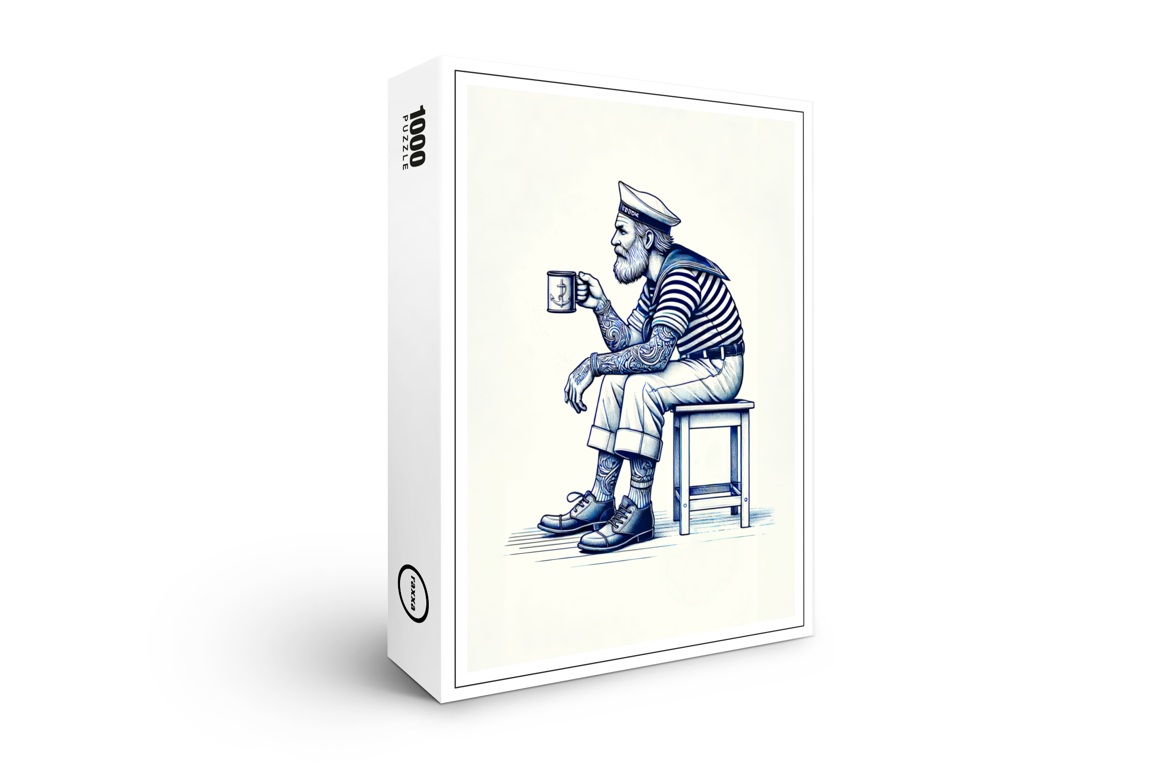 raxxa Premium-Puzzle: Vintage Illustration of a Sailor Drinking Coffee from a Tin Mug While Sitting on a Stool