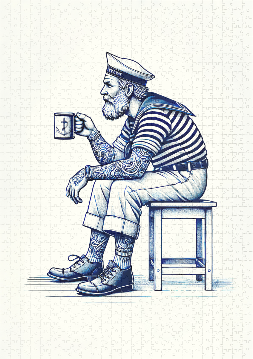 raxxa Premium-Puzzle: Vintage Illustration of a Sailor Drinking Coffee from a Tin Mug While Sitting on a Stool - immagine 2