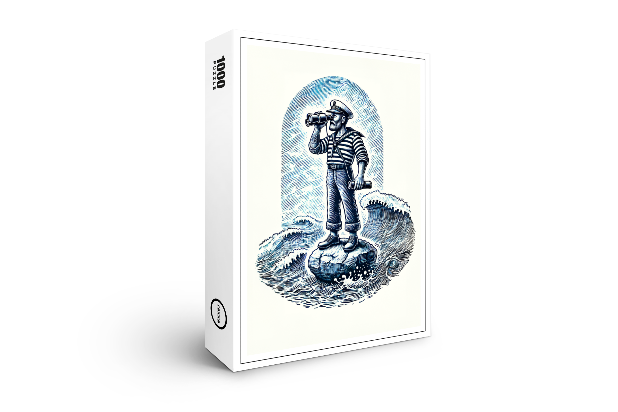 raxxa Premium-Puzzle: Vintage Illustration of a Sailor Standing on a Rock Looking Through Binoculars