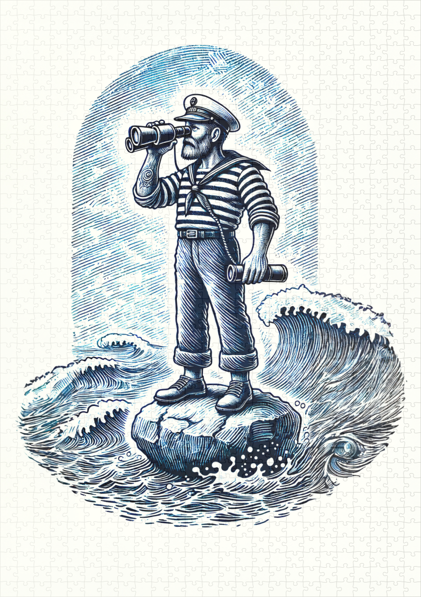 raxxa Premium-Puzzle: Vintage Illustration of a Sailor Standing on a Rock Looking Through Binoculars - immagine 2