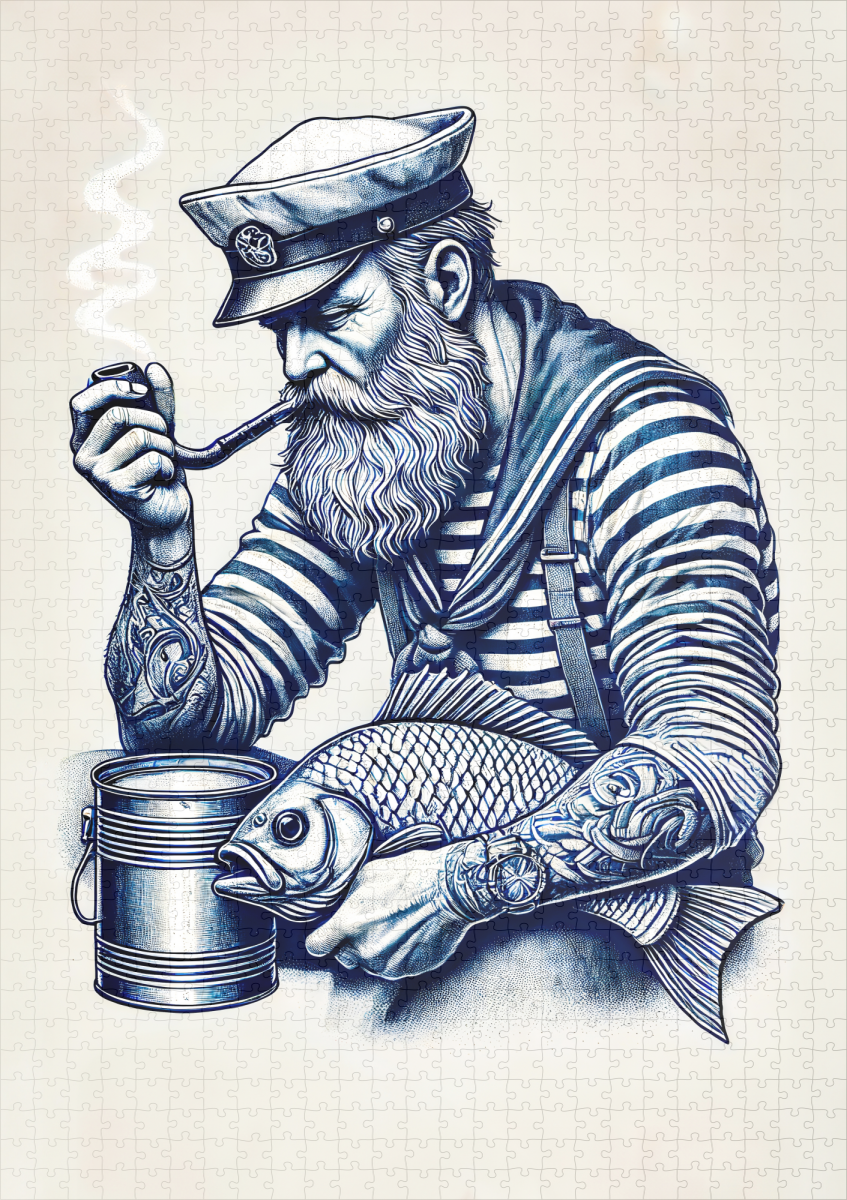 raxxa Premium-Puzzle: Vintage Illustration of a Sailor with a Pipe and Fish Under His Arm - Image 2