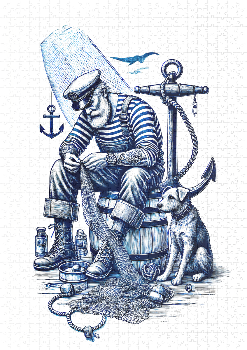 raxxa Premium-Puzzle: Vintage Sailor Mending Fishing Net with Dog – Image 2