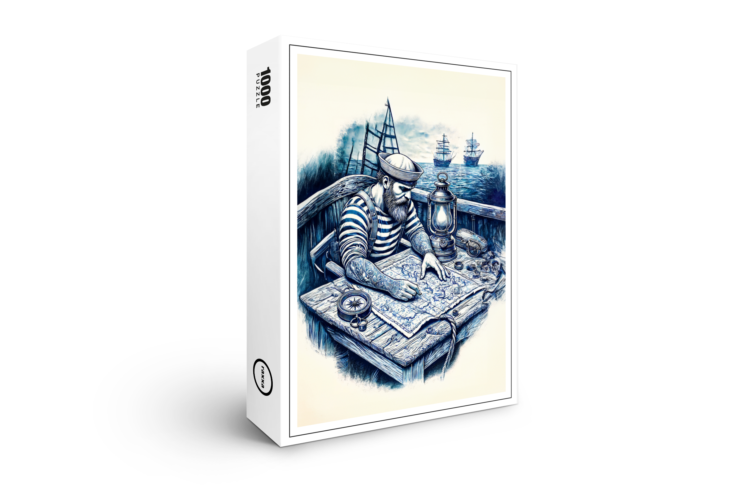 raxxa Premium-Puzzle: Vintage Illustration of a Sailor Reading a Nautical Map on the Ship’s Deck