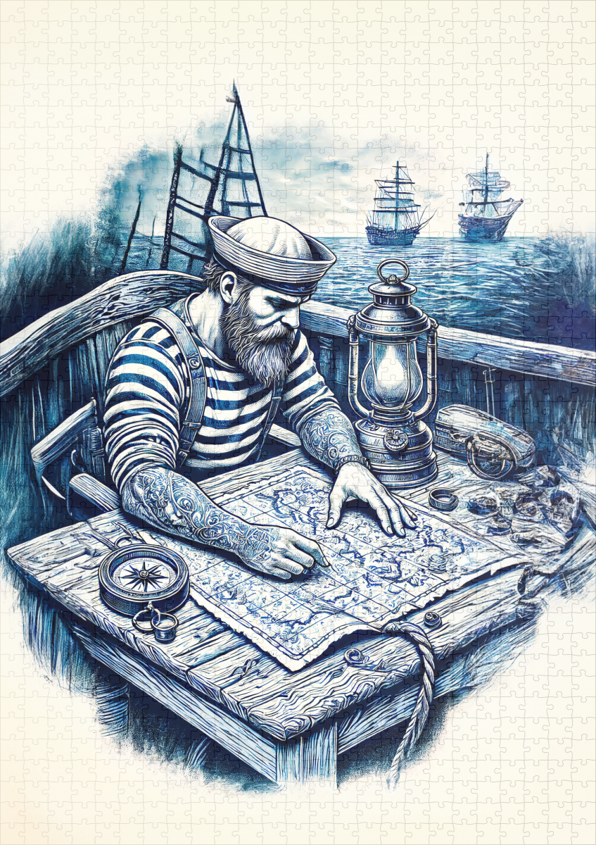 raxxa Premium-Puzzle: Vintage Illustration of a Sailor Reading a Nautical Map on the Ship’s Deck – Image 2