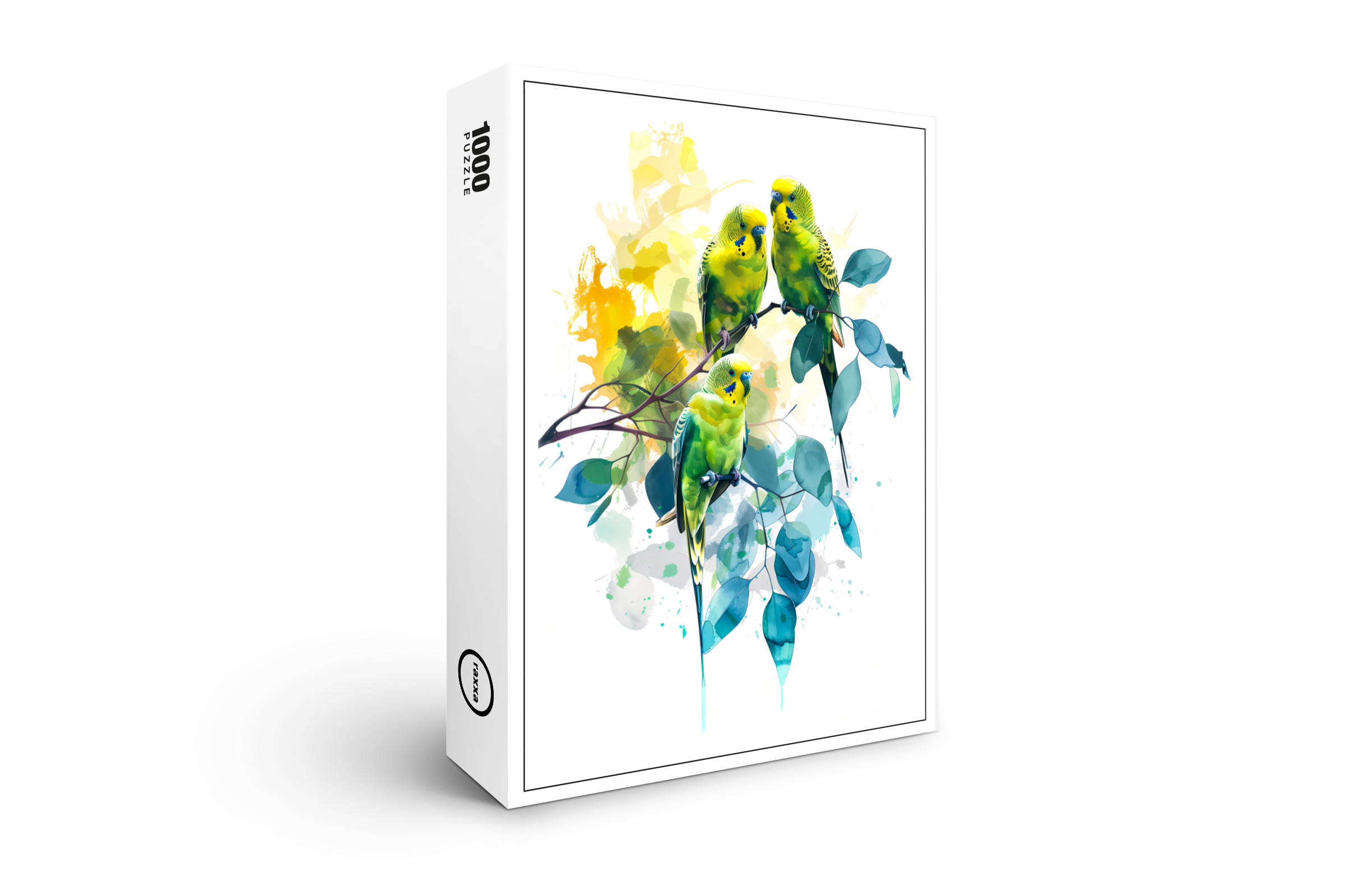 raxxa Premium-Puzzle: Watercolor Budgerigars in Eucalyptus Tree