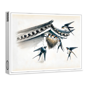 raxxa Premium-Puzzle: Swallows Feeding Young in Nest in Chinese Ink Painting
