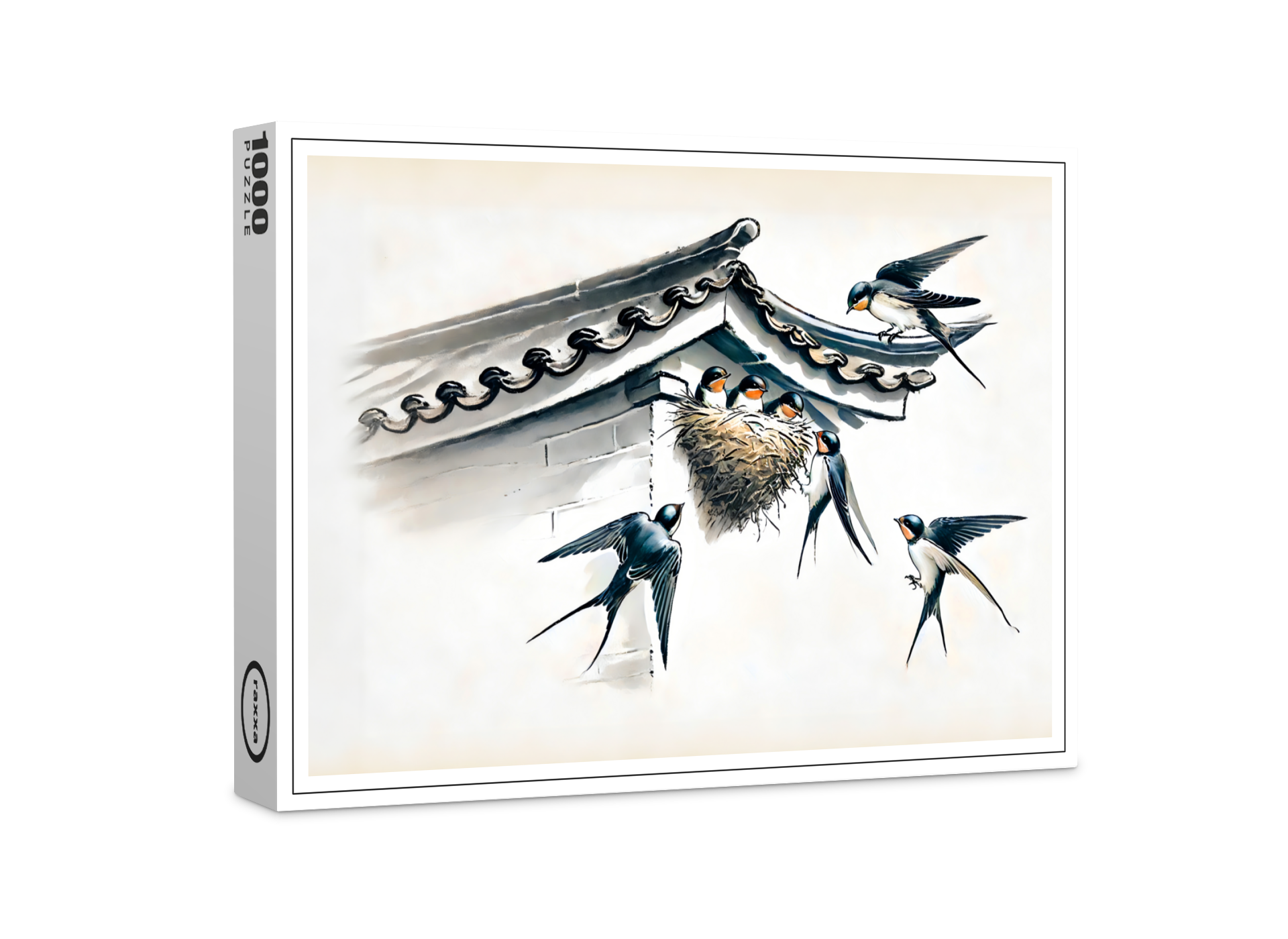 raxxa Premium-Puzzle: Swallows Feeding Young in Nest in Chinese Ink Painting