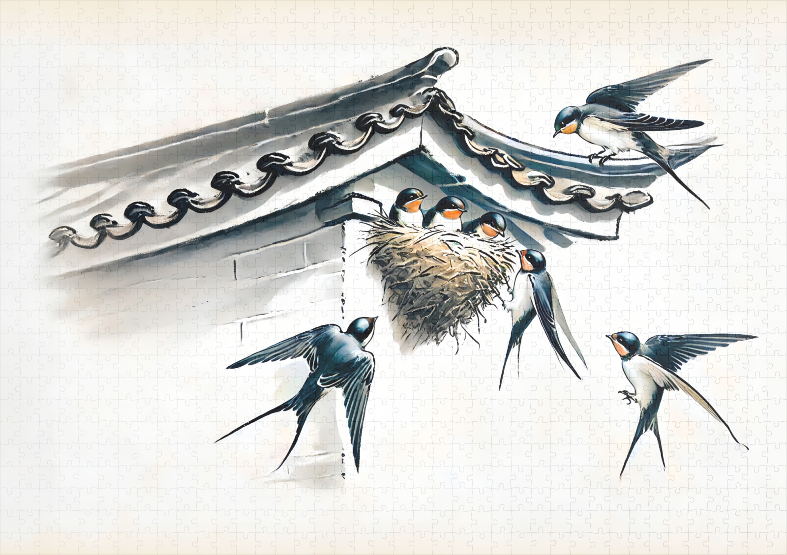raxxa Premium-Puzzle: Swallows Feeding Young in Nest in Chinese Ink Painting - immagine 2