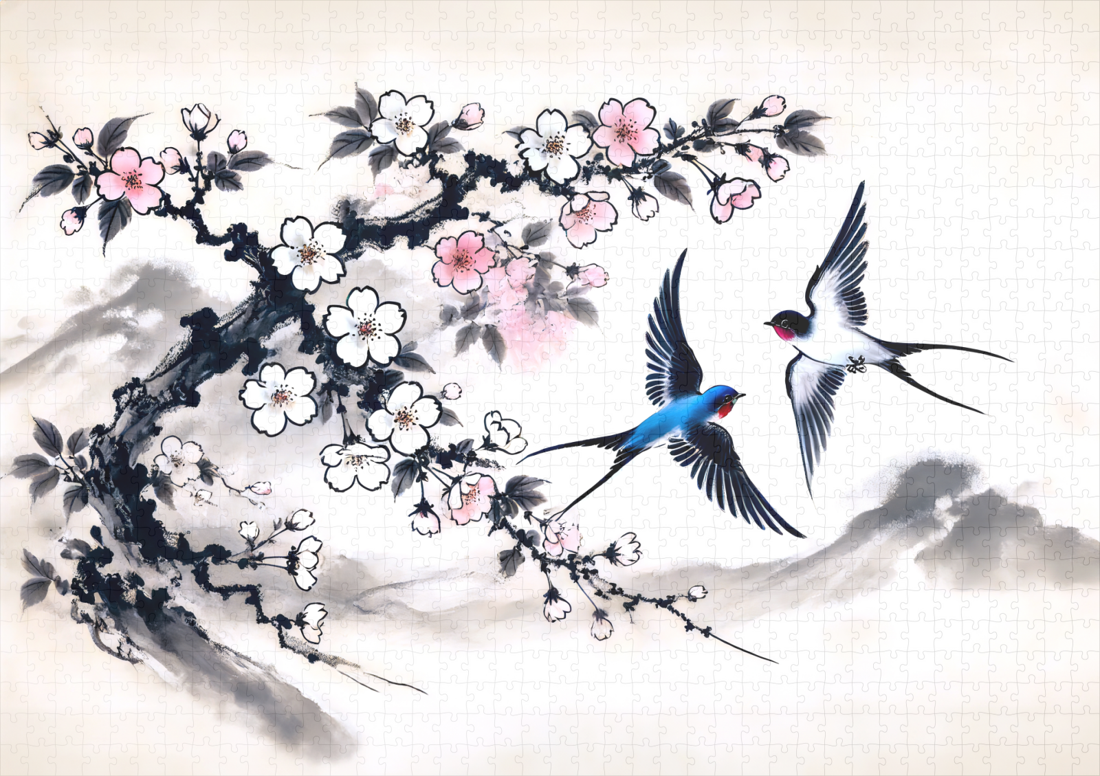 raxxa Premium-Puzzle: Swallows Soaring Through the Sky in Chinese Ink Painting - Image 2