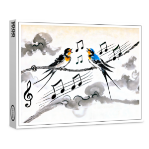 raxxa Premium-Puzzle: Two Swallows Singing on a Power Line in Chinese Ink Painting