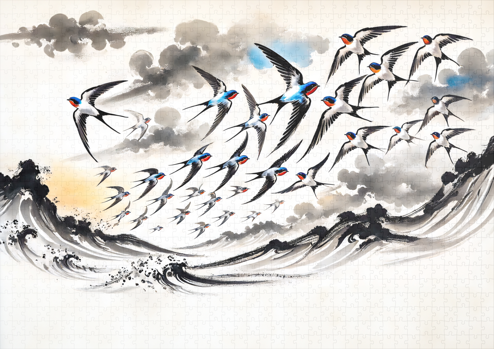 raxxa Premium-Puzzle: Swallows Soaring Through the Sky in Chinese Ink Painting – Bild 2