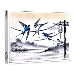 raxxa Premium-Puzzle: Group of Swallows Gathering on a Power Line in Chinese Ink Painting