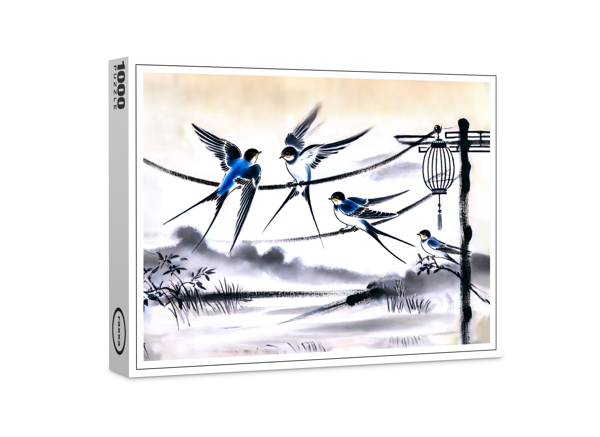 raxxa Premium-Puzzle: Group of Swallows Gathering on a Power Line in Chinese Ink Painting